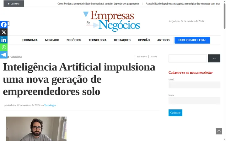 Print do artigo no site do Jornal Empresas & Negócios