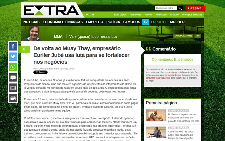 Print da matéria no site do Extra